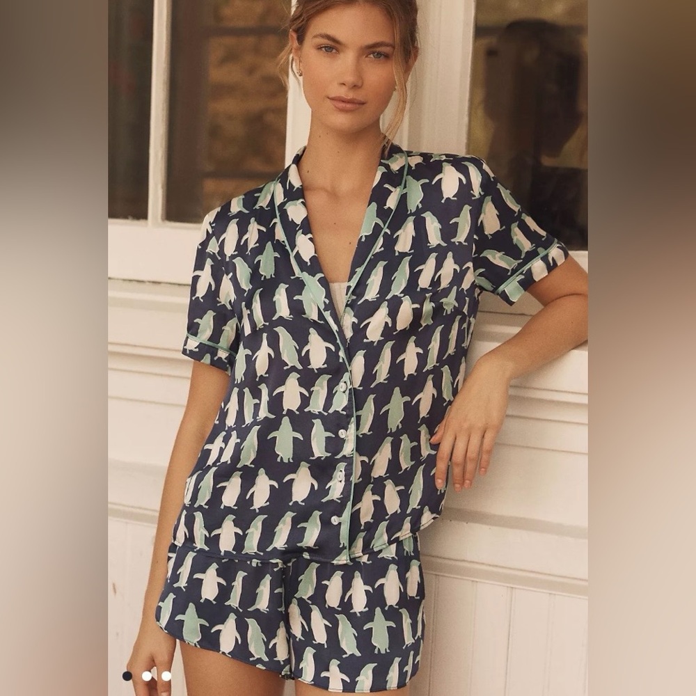Anthropologie Navy Penguin Print Pajama Set